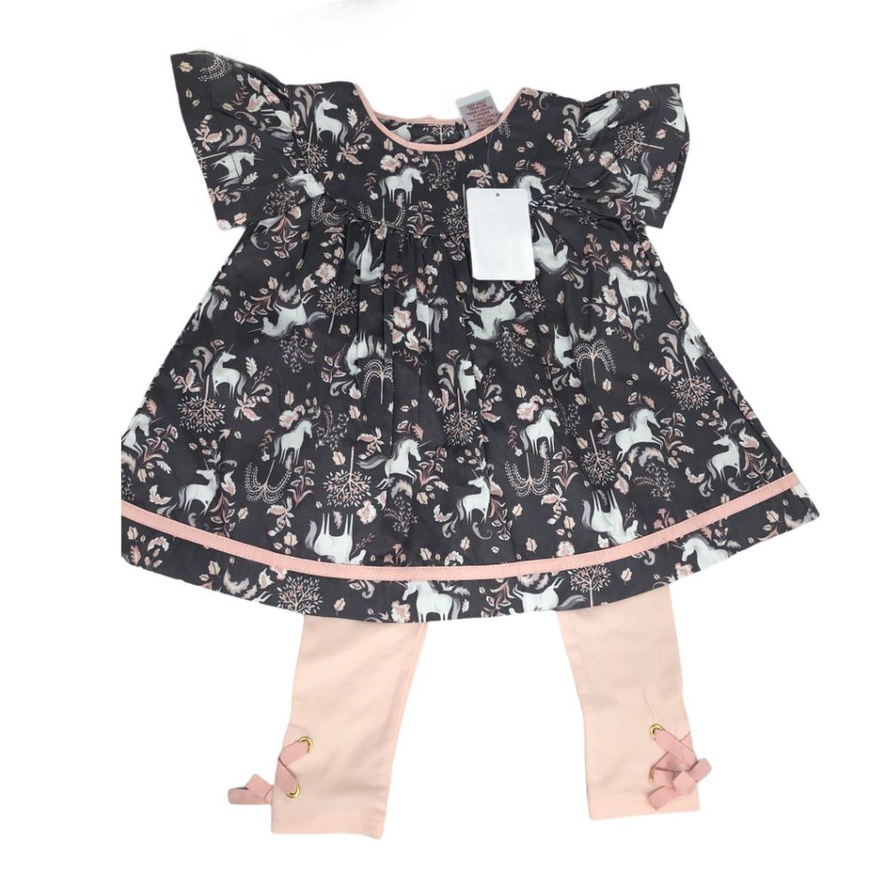 Lilly Wicket Unicorn Forest Blush Pink Gray Dress and Leggings 18M